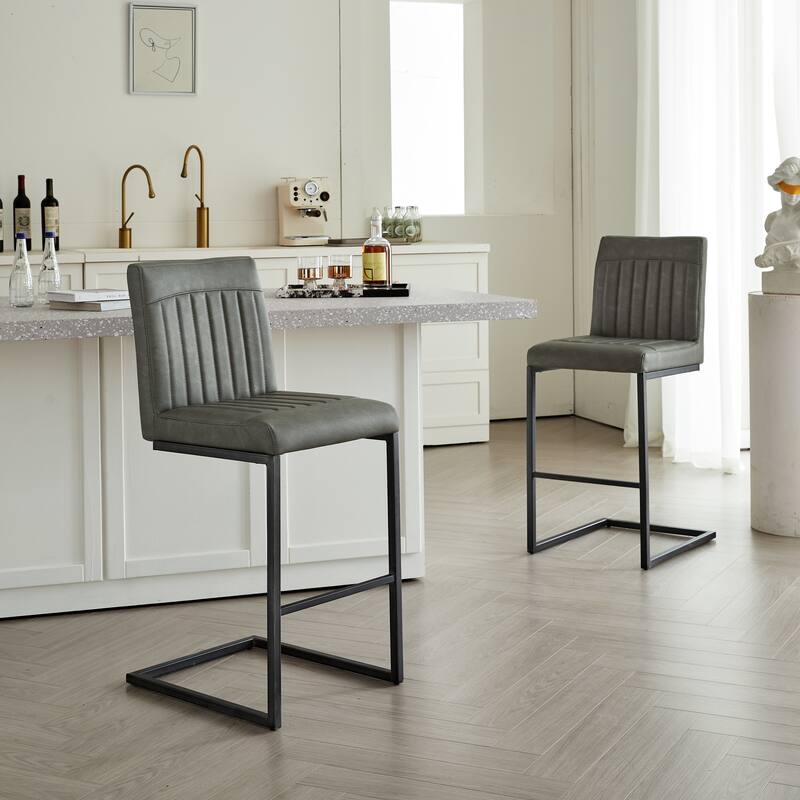 Set of 2 Bar Stool - 26-Inch Counter Height, Vertical Tufted Backrest, Sturdy Black Metal Frame with Footrest - Gray Pu,Grey