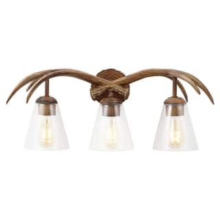 JONATHAN Y Nelle 25.5" 3-Light Southwestern Bohemian Resin/Seeded Glass Faux Antler LED Vanity Light, Brown Wood Finish