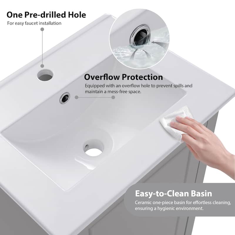 20" Bathroom Vanity with Ceramic Sink Small Freestanding Cabinet Soft Close Door and Storage Shelves