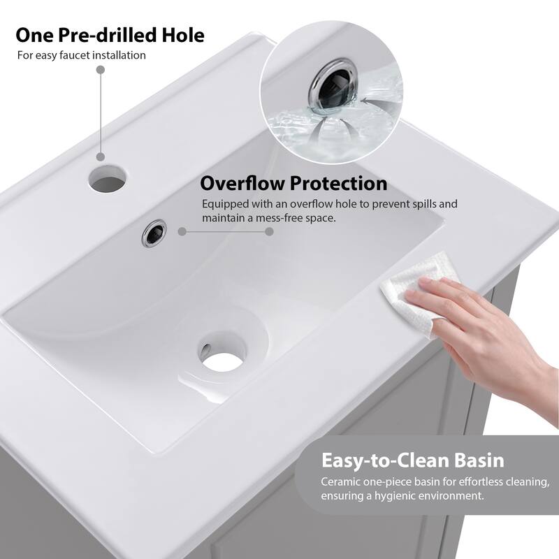 20" Modern Small Bathroom Vanity Cabinet With Ceramic Basin - 20"*15.5"*33.3", Ample Storage, 1 Soft-Close Door