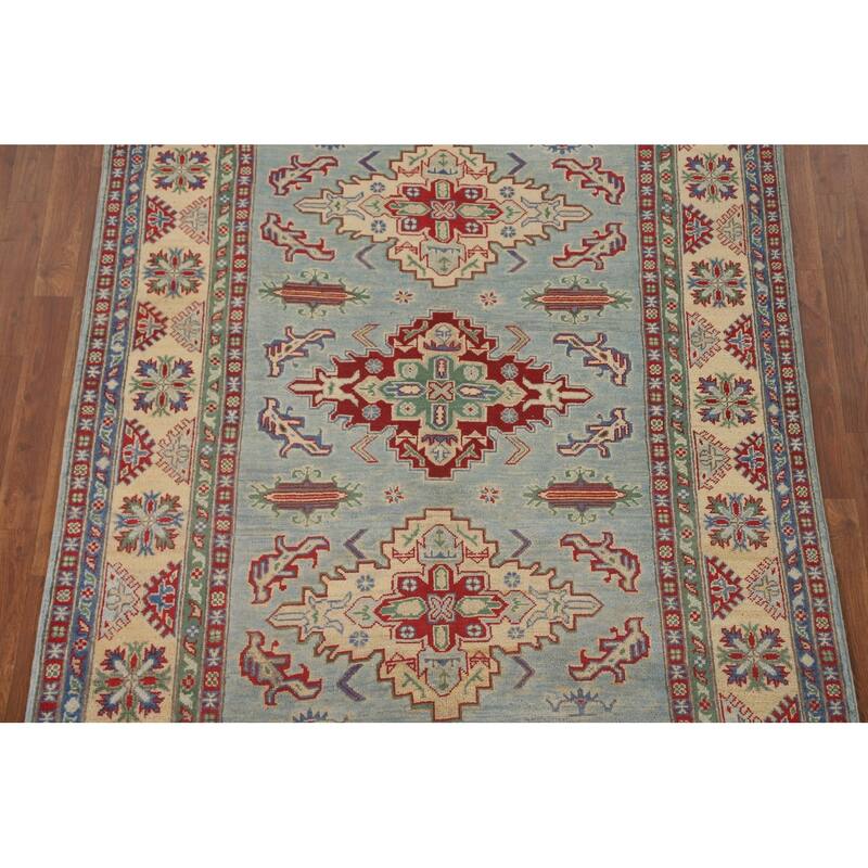 Light Blue Geometric Kazak Area Rug Handmade Wool Carpet - 4'11" x 6'10"