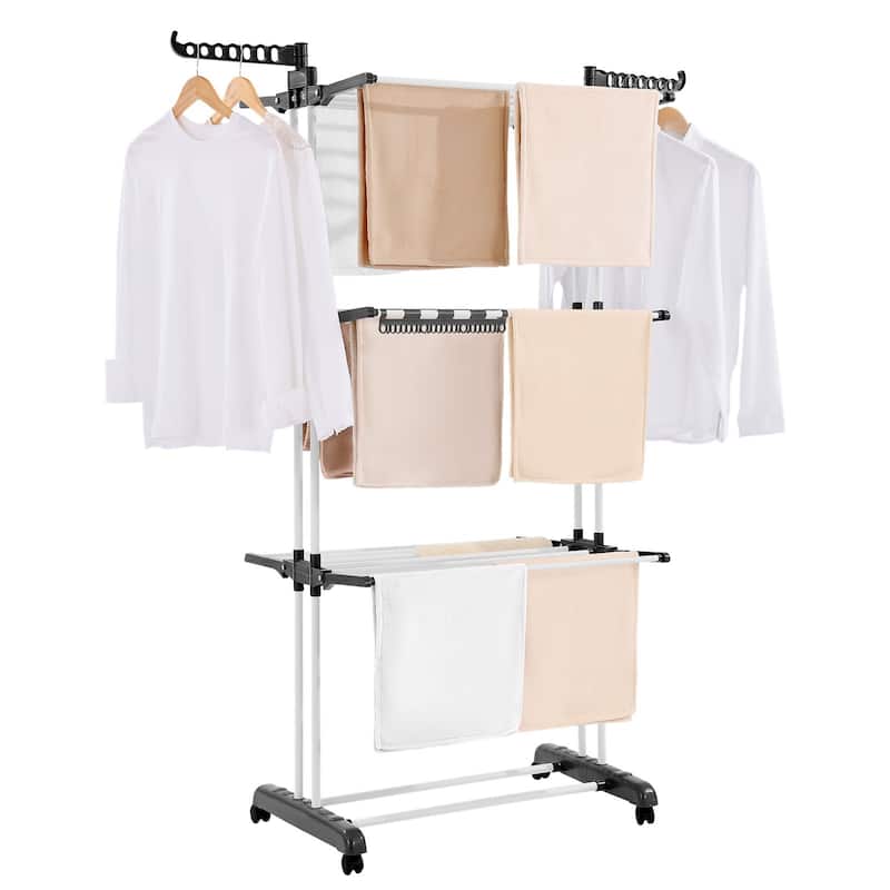 Foldable 4 Tier Clothes Drying Rack with 24 Rods and Wheels Heavy Duty Iron for Indoor Outdoor Use - 49.5" x 25" x 67.5" - White