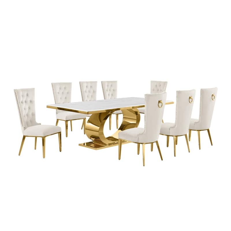 Best Quality Furniture D432/3-SC330-7 Dining Set with 87" White Marble Top