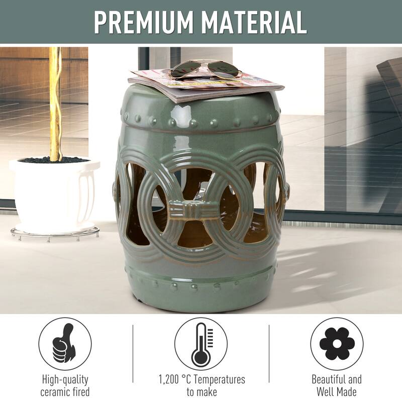 Outsunny 14" x 17" Ceramic Side Table Garden Stool with Knotted Ring Design & Glazed Strong Materials, Green