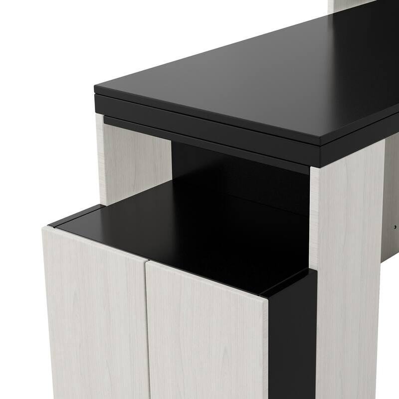 Full Size Murphy Bed with Foldable Desk, Storage Shelves, and Cabinets, Black & White, Space-Saving Design