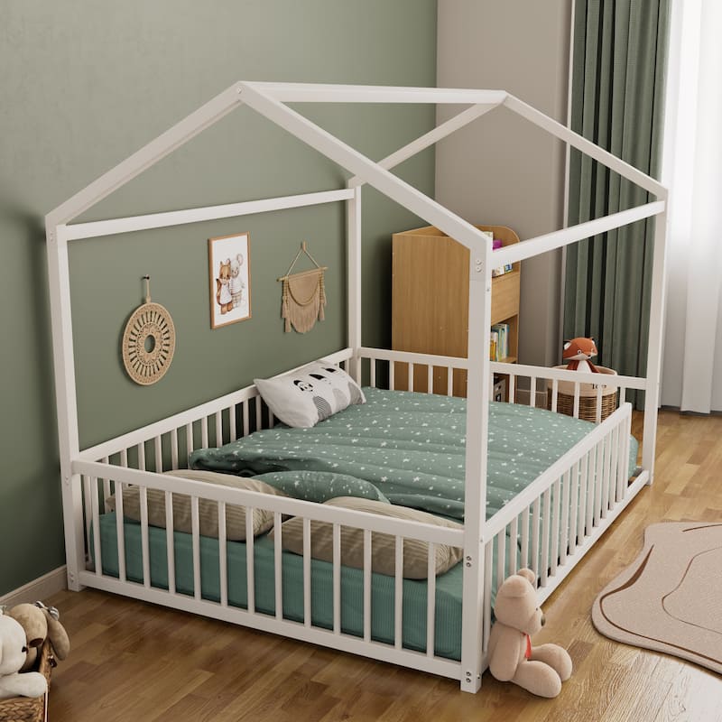 Montessori Metal House Bed with Low Entry & 3-Side Fence by Harper&Bright Designs