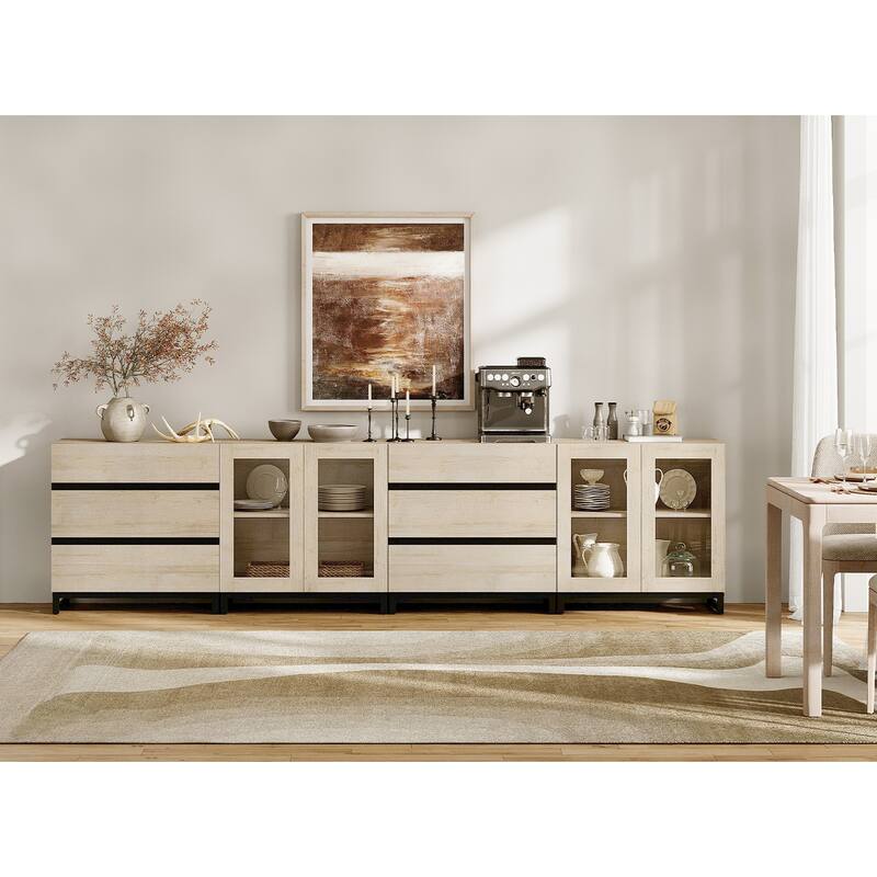 Modern Sideboard with Adjustable Shelves and 6 Drawers, 4 in 1 Storage Cabinet with Glass Doors, Coffee Bar Cabinet for Kitchen