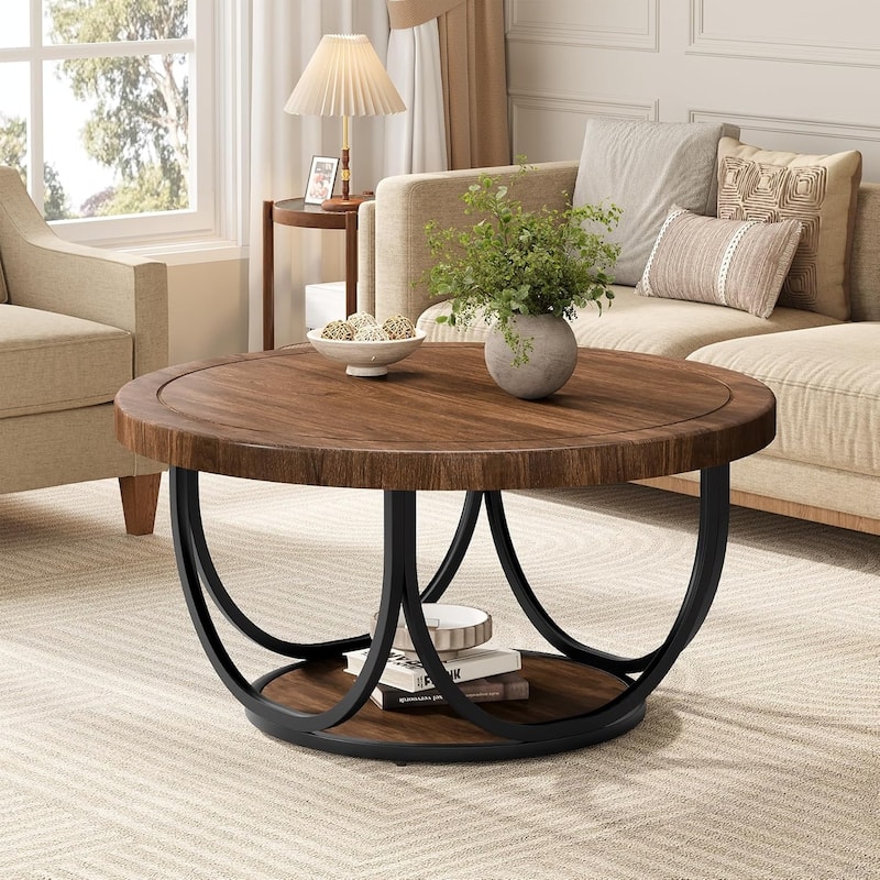 Round Coffee Table with 2 Tiers, 35.4" Wooden Circle Table with Storage Shelf for Living Room, Brown & Black - Brown