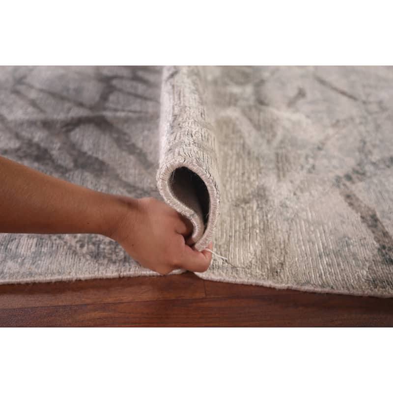 All-Over Abstract Indian Area Rug Handmade Beige Wool Carpet - 5'6"x 7'11"