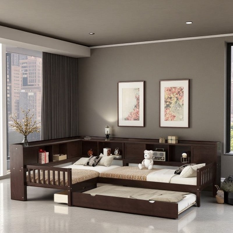 L-Shaped Twin Platform Bed with Trundle, Solid Wood Frame, Built-In Drawers & Shelves, No Box Spring Required