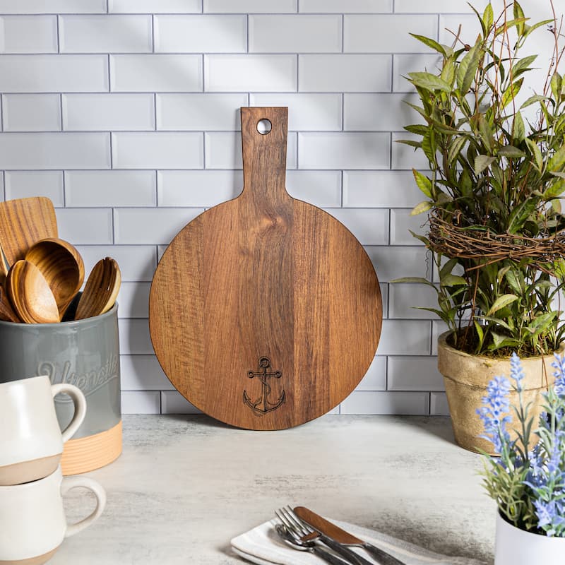 Teak Round Serving Board - Anchor - 12" W x 16-1/2" L x 1/2" Thick