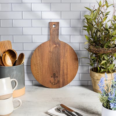 Teak Round Serving Board - Anchor - 12" W x 16-1/2" L x 1/2" Thick