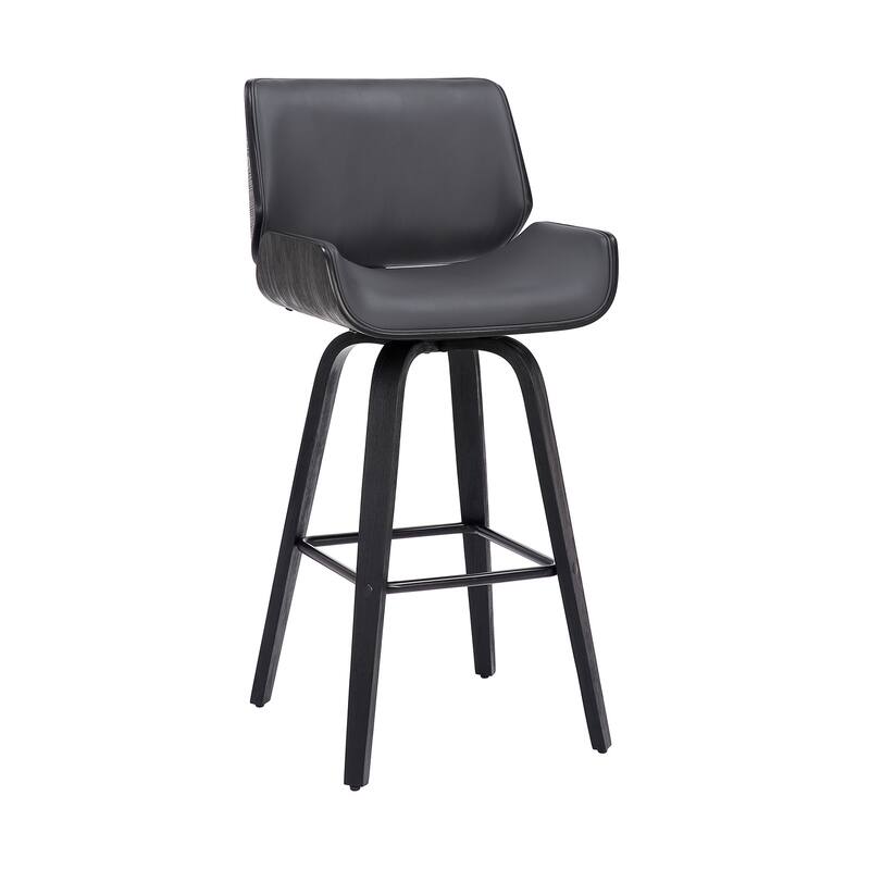 26 Inch Swivel Bar Stool with Black Wood Frame and Grey Faux Leather Upholstered Seat, Kitchen Counter Height Stool