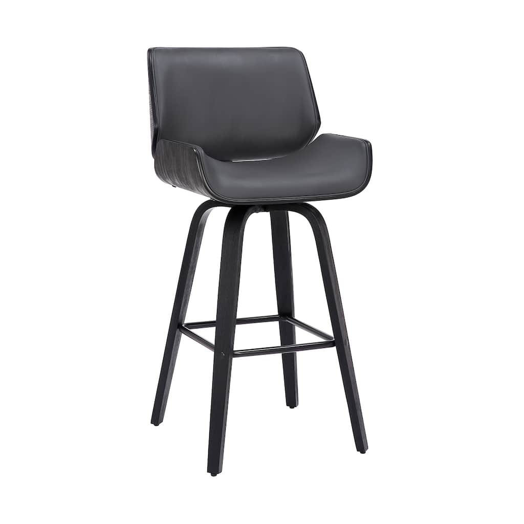 26 Inch Swivel Bar Stool with Black Wood Frame and Grey Faux Leather Upholstered Seat, Kitchen Counter Height Stool