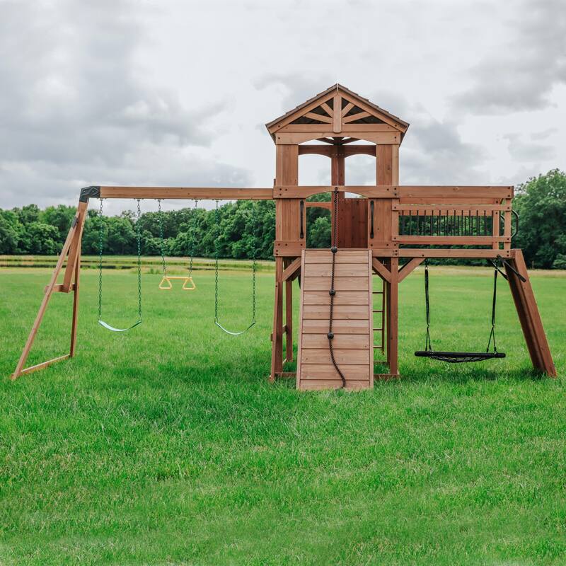 Backyard Discovery Sterling Point Cedar Wood Swing Set, Slide, Bridge - 20'5" x 16'9"