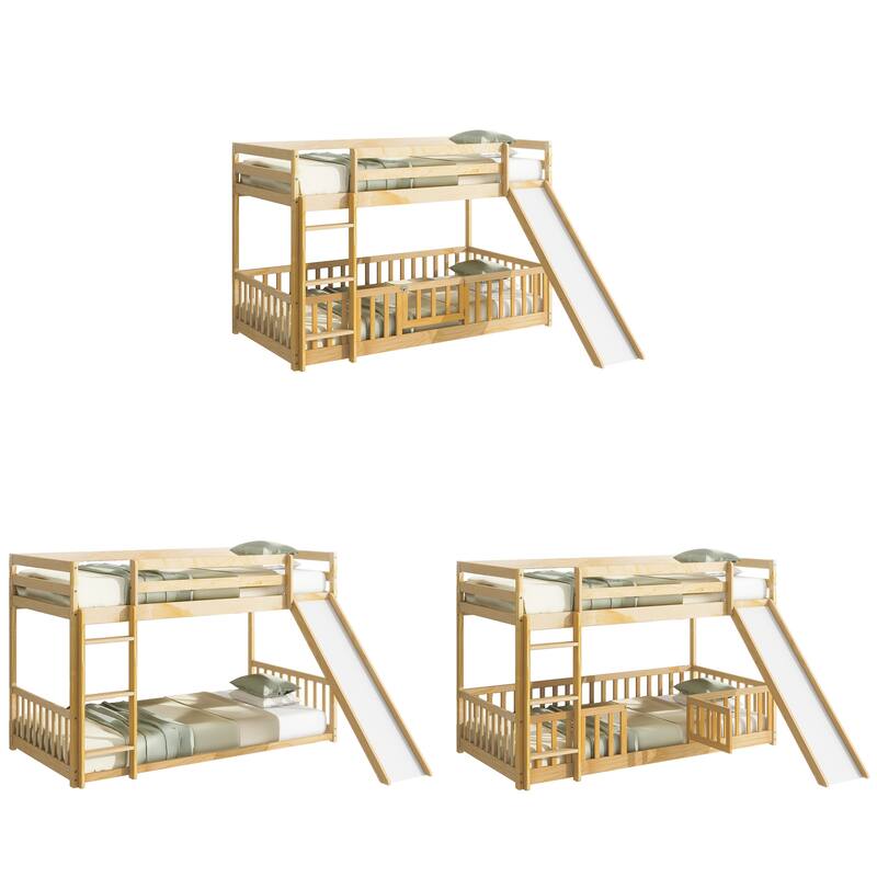 Twin Over Twin Low Pine Wood Bunk Bed with Guardrails, Slide and Ladder for Kids, No Slats Toddler Floor Bed with Fence and Door