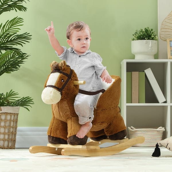 slide 2 of 9, Qaba Baby Rocking Horse, Plush Animal Rocker with Sound, Wooden Base, & Safety Belt for Ages 18-36 Months, Brown Brown