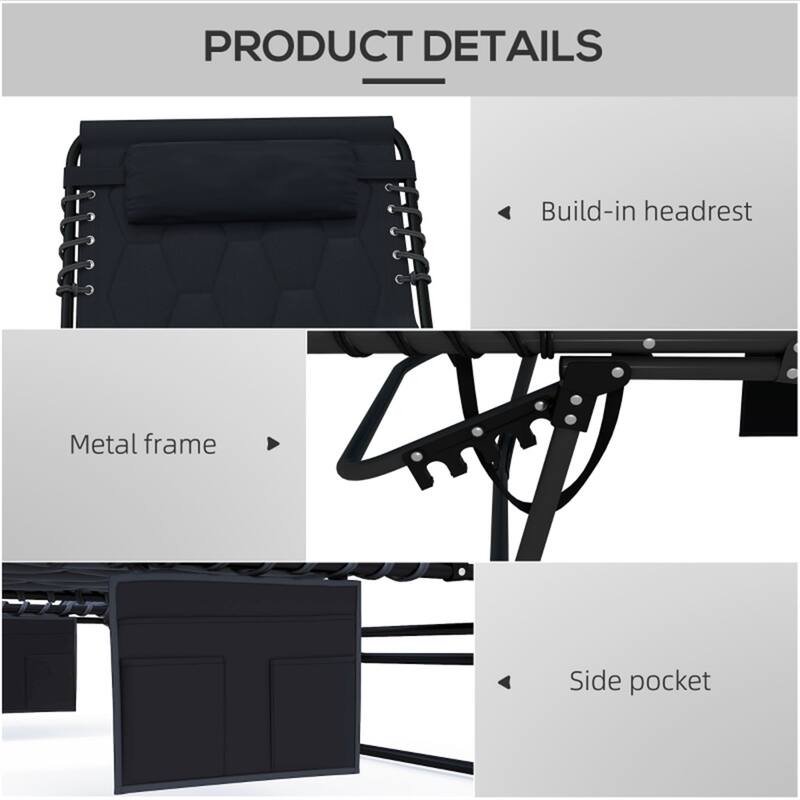 2 Person Adjustable Sun Lounger with Cushions and Side Pockets Foldable Steel Frame Oxford Fabric Reclining Chair