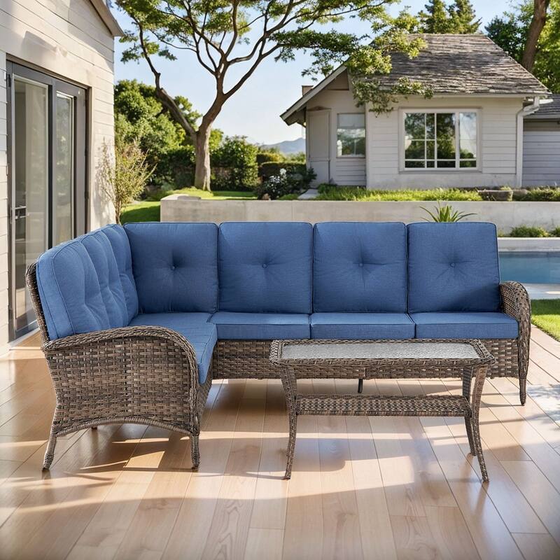 Gymojoy L-Shaped Outdoor Sectional Sofa Set, PE Wicker Couch with Water-Resistant Olefin Cushions - 2-Piece - Blue
