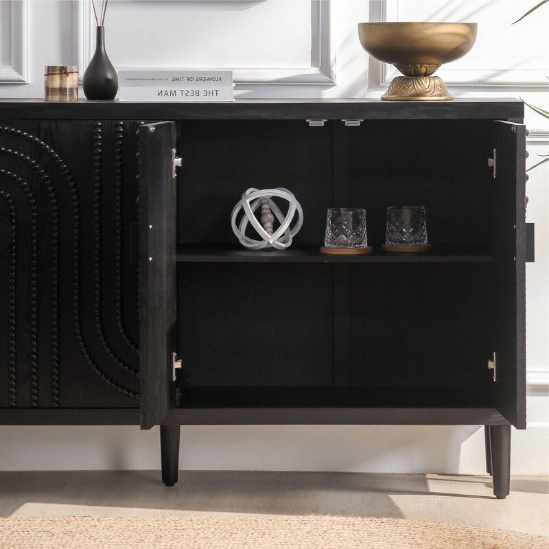 Wooden 59" Storage Sideboard Cabinet with Decorative Nailhead 4-Door for Kitchen Entryway and Living Room