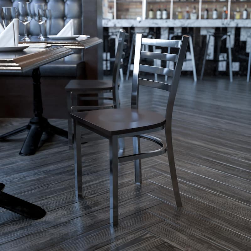 Clear Coated Ladder Back Metal Restaurant Chair - 16.5"W x 17"D x 32.25"H - Walnut Wood Seat/Clear Coated Metal Frame