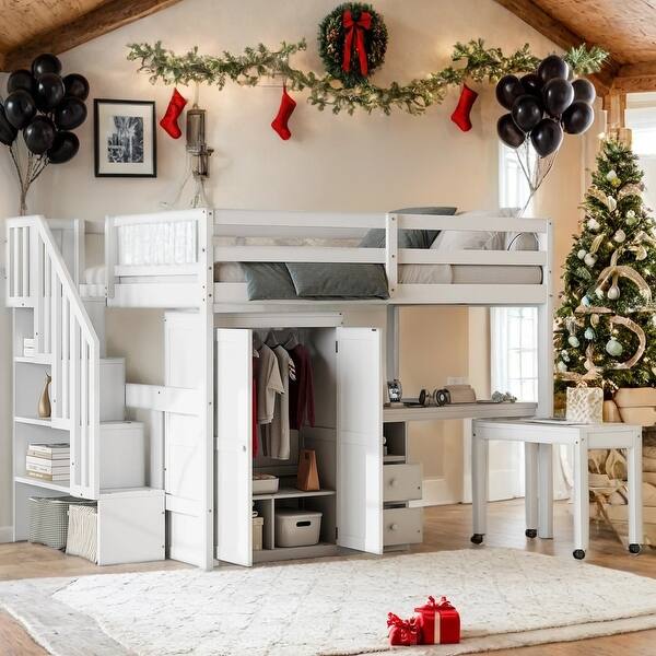 slide 2 of 19, Loft Bed with Storage Bookshelf,Kids Bed with Desk & Wardrobe,Full Size,White White