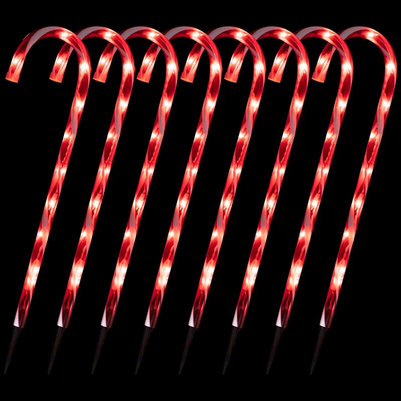 Lighted Candy Cane 8-Function Outdoor Christmas Pathway Markers - 24" - Set of 8 - Red