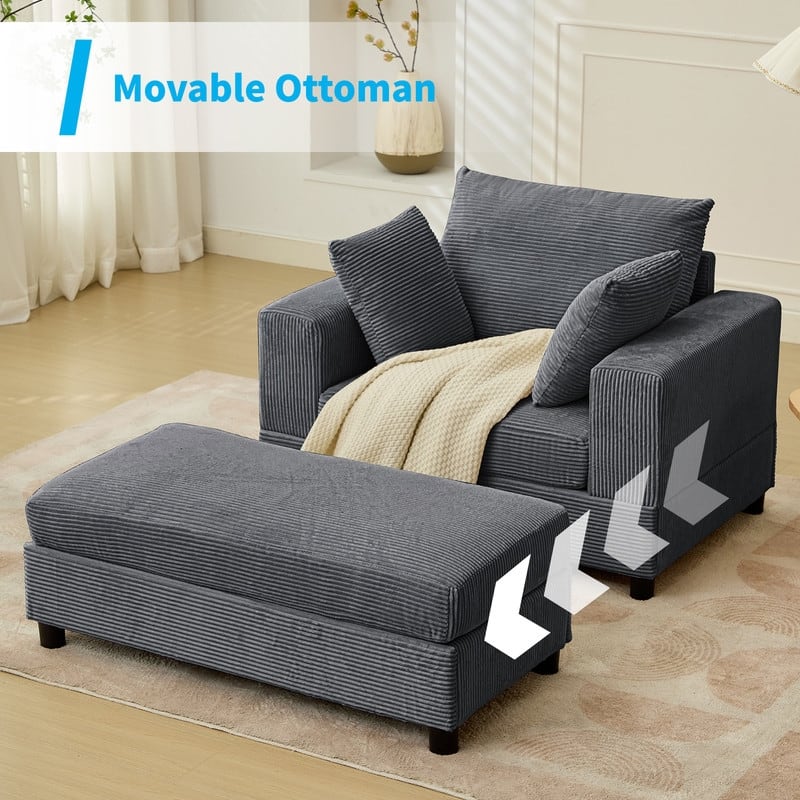 Mixoy 50 "D Sofa Chair with Ottoman, 2 Cushions, Large Corduroy Upholstered Comfy Chaise Lounge Deep Seat Sleeper Chair Indoor