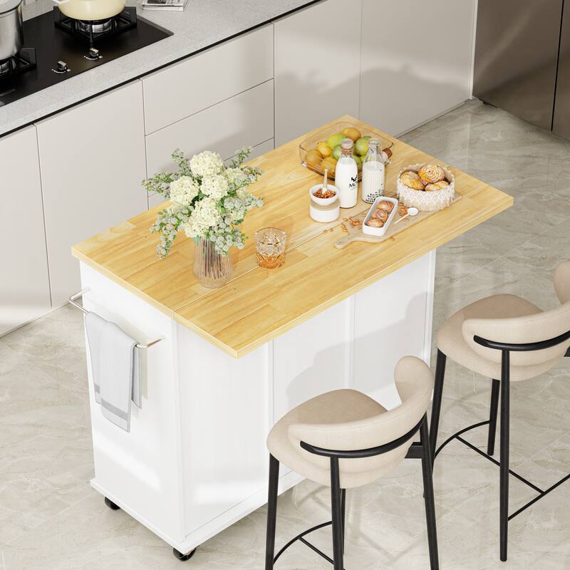 Rolling Kitchen Island Cart with Open Shelf & Drop Countertop - N/A