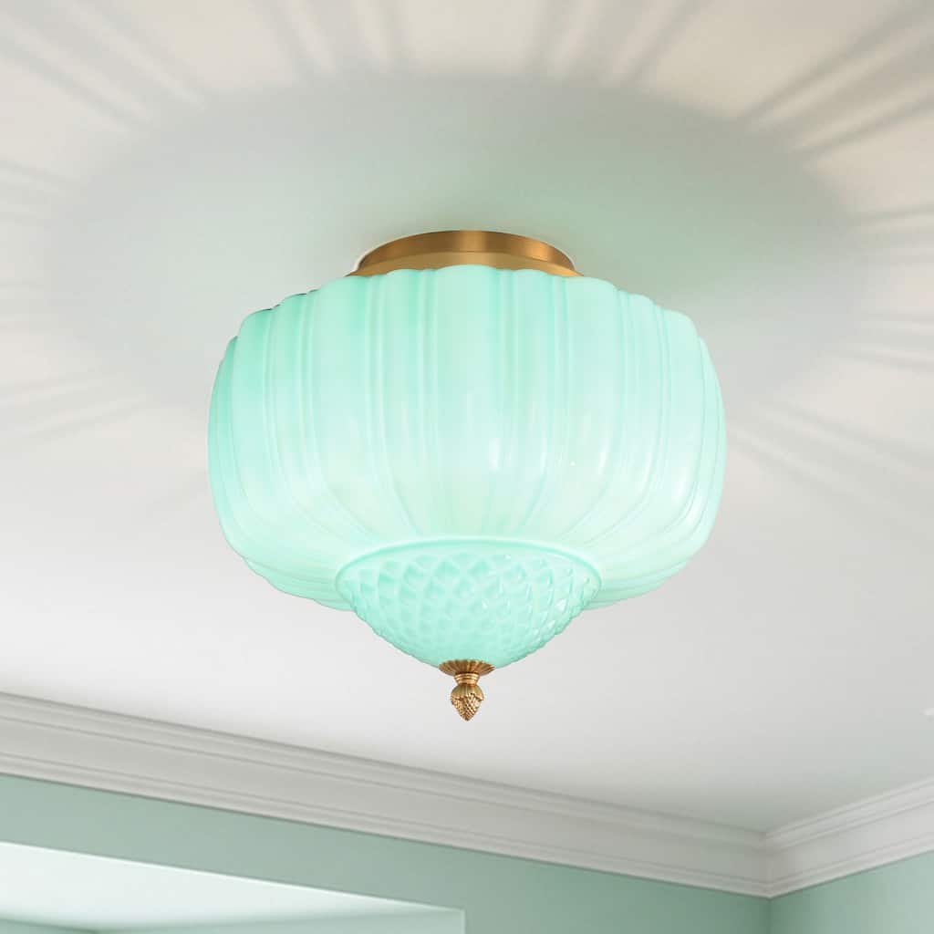 14" Vintage Drum Green Glass 3-Light Schoolhouse Flush Mount Ceiling Light Fixture