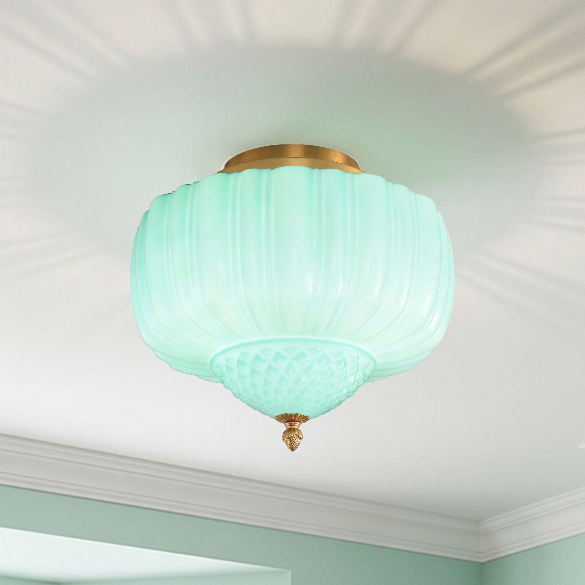 14" Vintage Drum Green Glass 3-Light Schoolhouse Flush Mount Ceiling Light Fixture