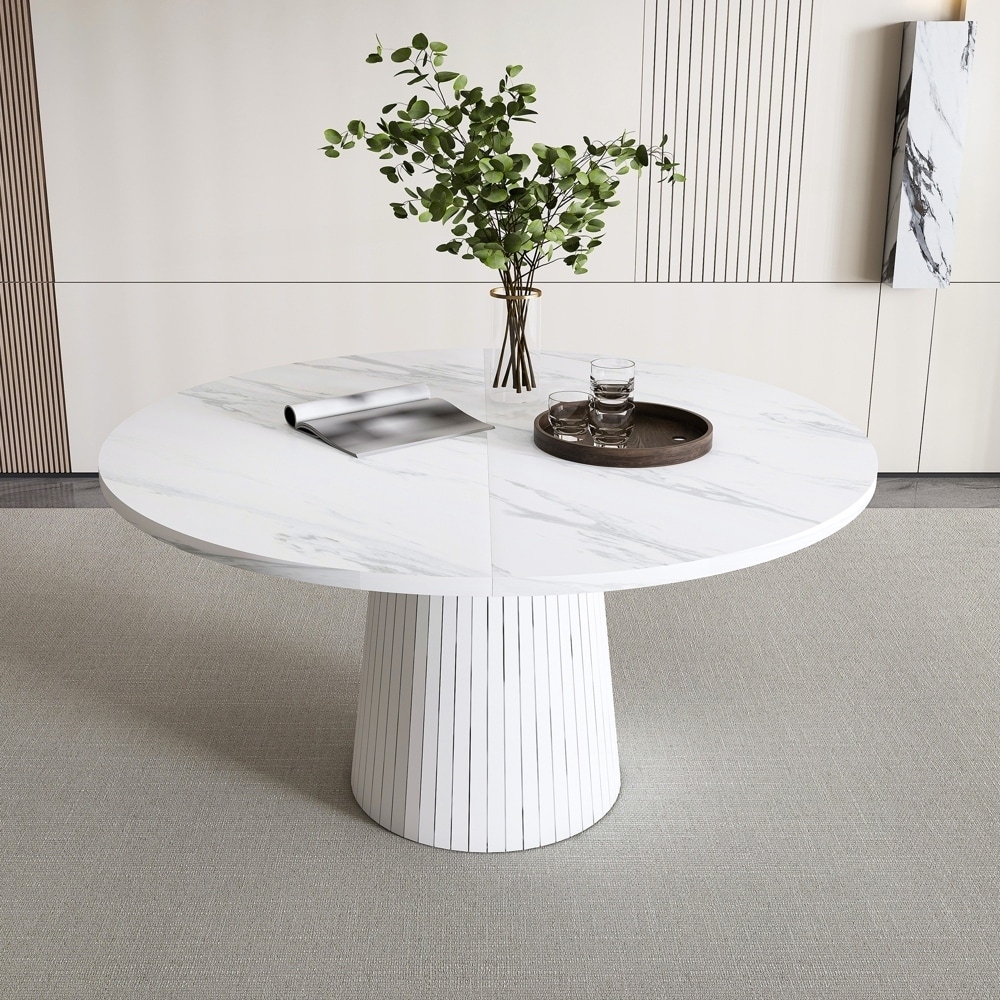 Marble Veneer Circle Dinner Table with Wood Strip Base