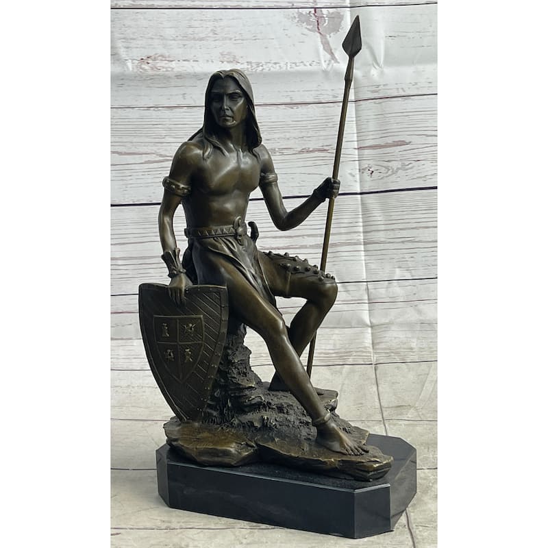 Muscular Warrior Barbarian Soldier W/ Shield Spear Bronze Sculpture Statue Figure Marble Base
