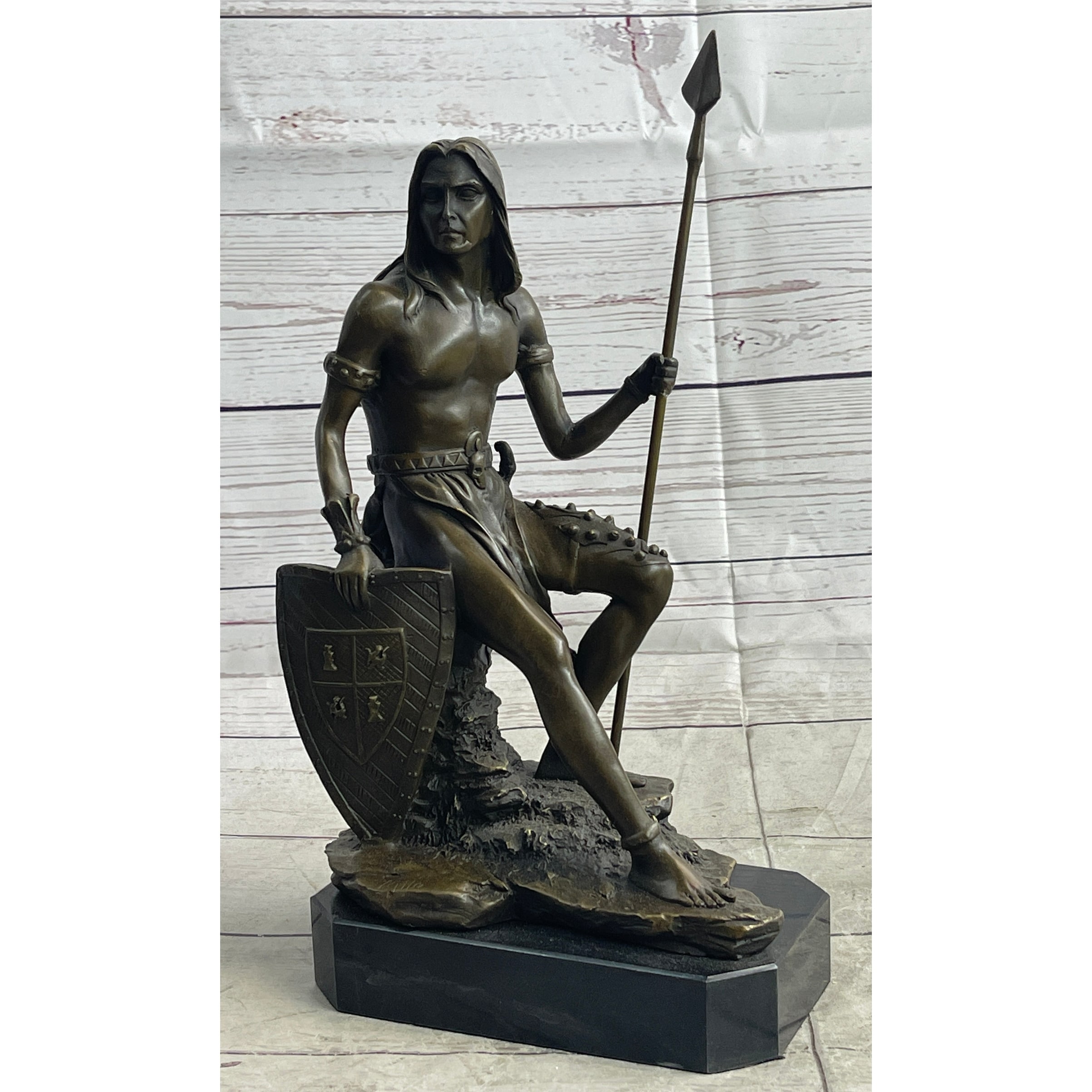 Muscular Warrior Barbarian Soldier W/ Shield Spear Bronze Sculpture Statue Figure Marble Base