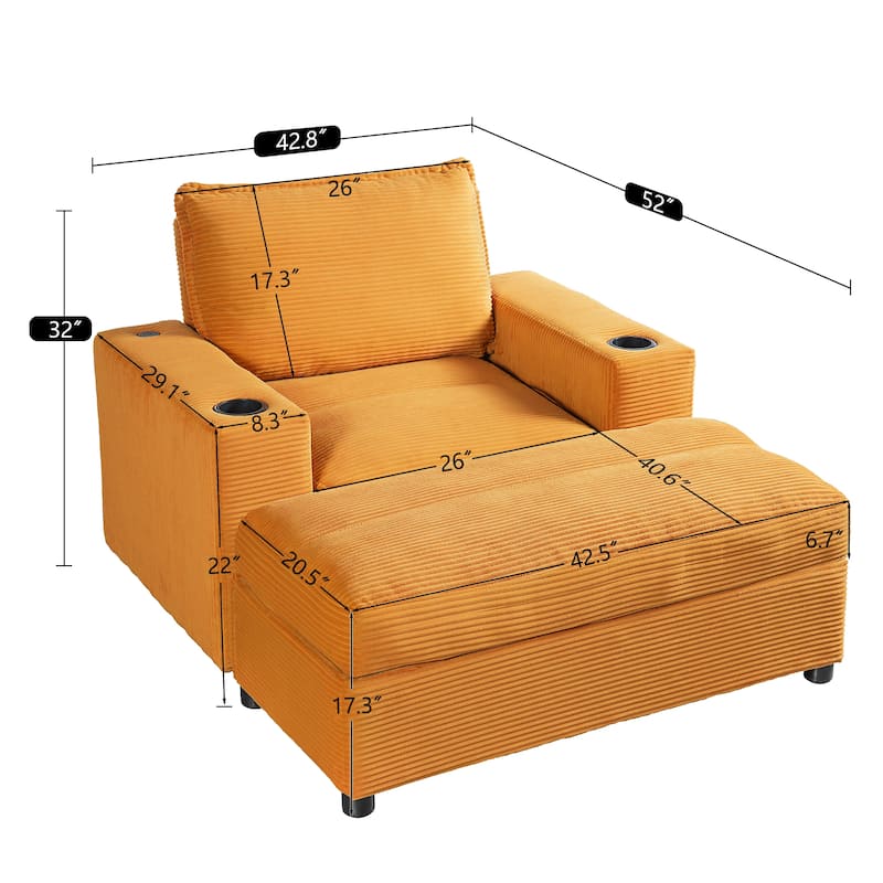 42.8" Oversized Chaise Lounge Chair with Storage Ottoman, Corduroy Sofa Bed with Cup Holders & USB Charging Port