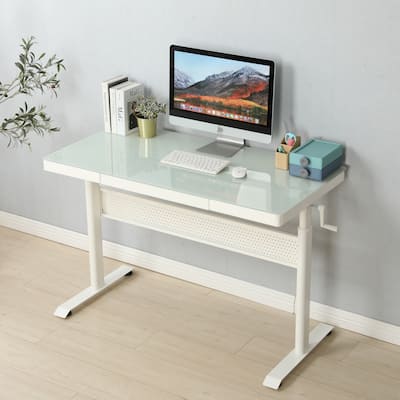 Tempered Glass Standing Desk with Metal Drawer, Adjustable Computer Desk