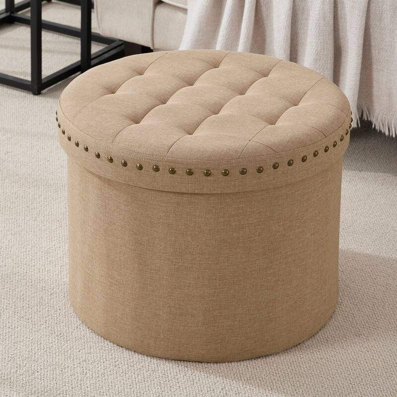 Ornavo Home Decor Large 20" Round Collapsible Storage Ottoman with Nailhead Trim for Living Room and Bedroom - Tan/Taupe