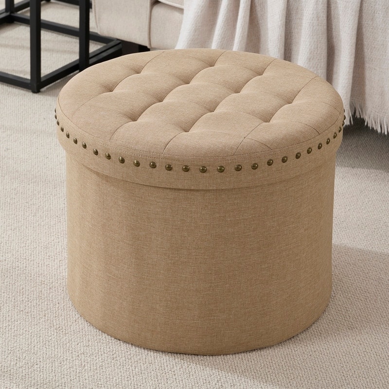 Ornavo Home Decor Large 20" Round Collapsible Storage Ottoman with Nailhead Trim for Living Room and Bedroom