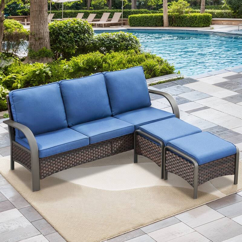3 Piece Outdoor Patio 3 Seat Sofa & Ottoman - Blue Cushion - Brown