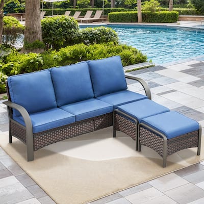 3 Piece Outdoor Patio 3 Seat Sofa & Ottoman - Blue Cushion - Brown
