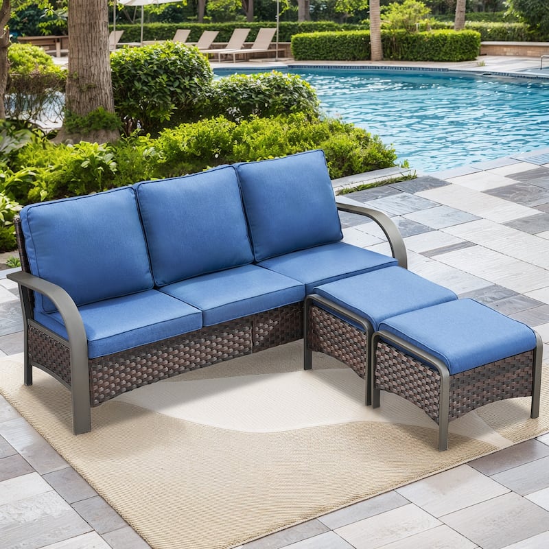 Pocassy Outdoor Patio Sofa Chairs Ottoman Set Funiture - 3PCS Sofa with Ottoman - Brown Rattan - Blue Cushion