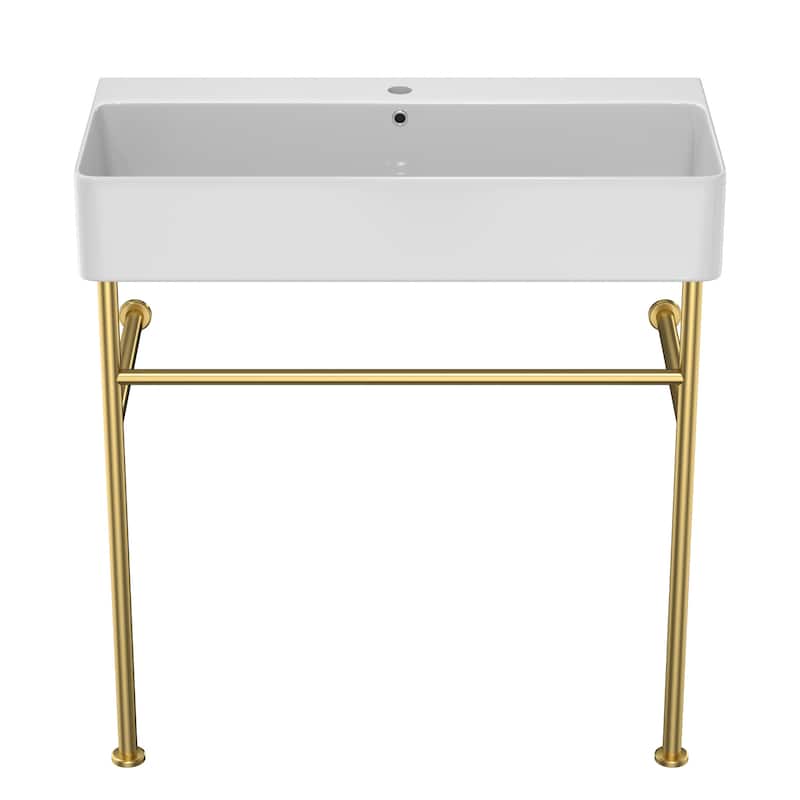 32" Freestanding Bathroom Console Sink with Ceramic Basin, Overflow, Black Metal Legs, and Drain Kit Included