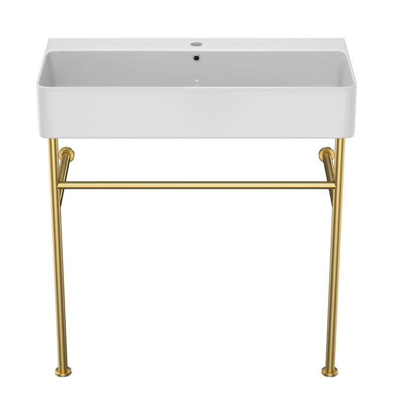 Ceramic Console Sink with Polished Nickel Support, 32-Inch Bathroom Sink with Overflow
