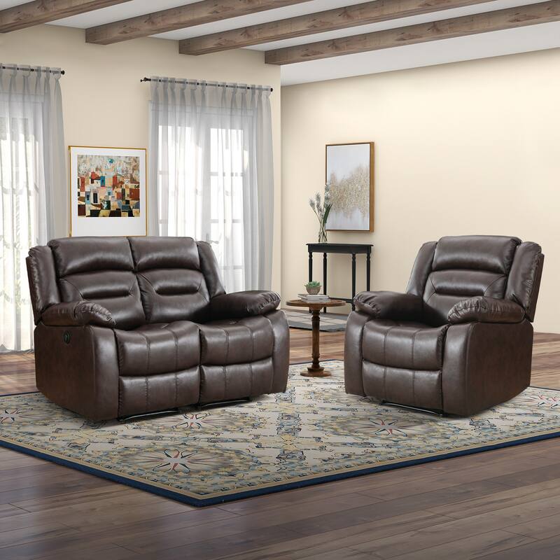 Faux Leather Power Loveseat Recliner, Electric Reclining Sofa with Overstuffed Armrests, 2-Seater Couch for Living Room - Brown 1set+Brown 2set