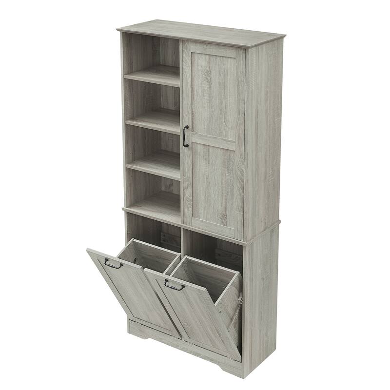 Bathroom Storage Cabinet with Doors and Drawers, Tilt-Out Laundry Hamper, Freestanding Style, Open Shelve, Adjustable Shelf