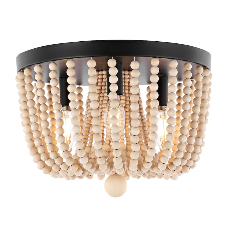 Amelie 13" 3-Light Coastal Farmhouse Iron/Wood Bead LED Flush Mount, Oil Rubbed Bronze by JONATHAN Y - 3 Light