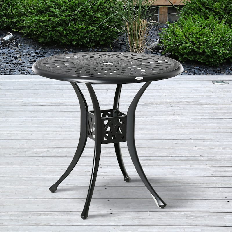 30" Round Patio Dining Table with Umbrella Hole, Antique Cast Aluminum Outdoor Bistro Table Only, Black