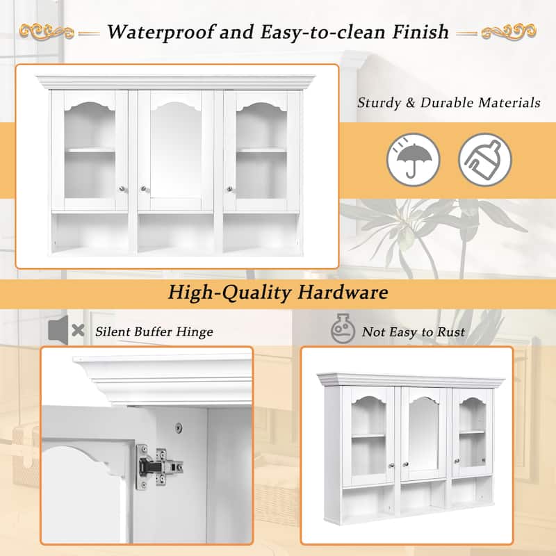 Bathroom Wall Cabinet with Mirror, Wall Mounted Bathroom Cabinet with Glass Doors, 3 Adjustable Shelves & 3 Open Compartments