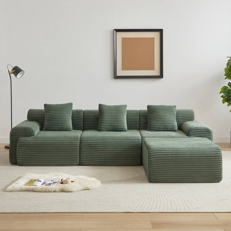 L-Shaped Modular Sectional Sofa with Ottoman, Corduroy Upholstered Boneless Couch, Deep Seat Sofa with Throw Pillows