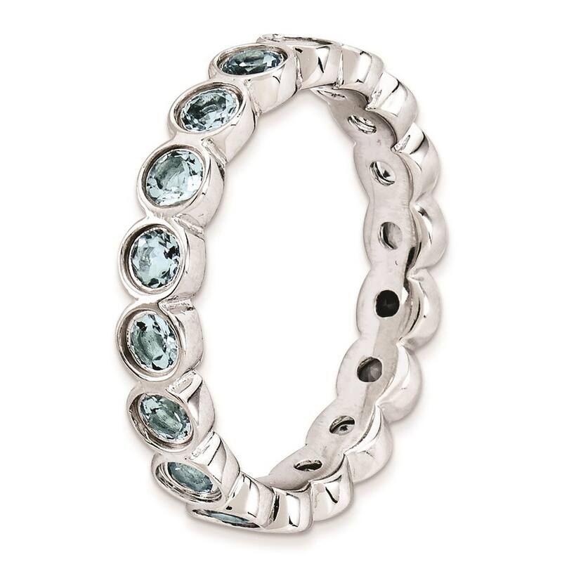 Curata 925 Sterling Silver Bezel Polished Patterned Stackable Expressions Aquamarine Ring